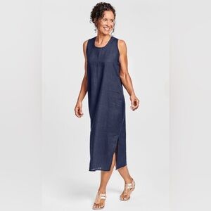Flax Linen Sideslit Slipster Linen Maxi Dress in Navy Blue Size Medium